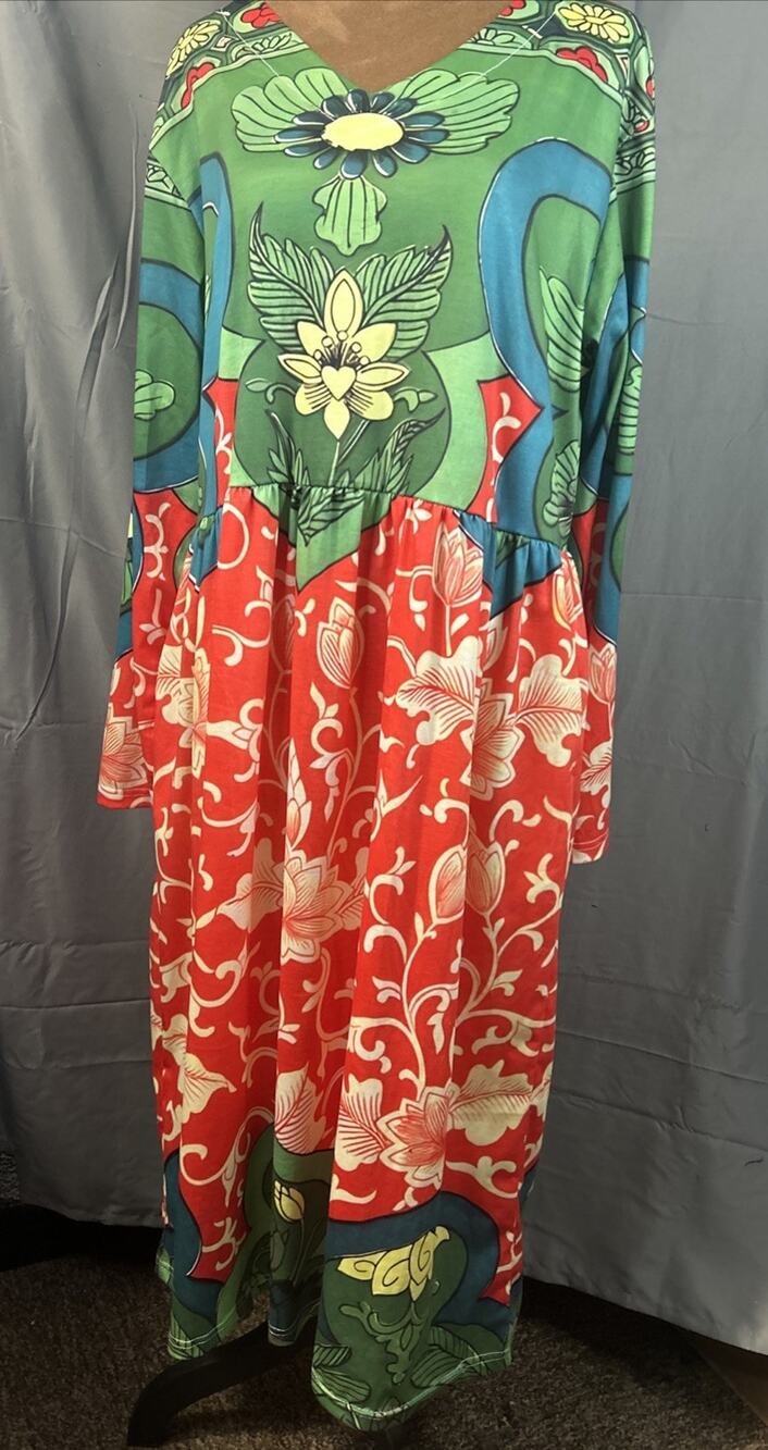 Vibrant Mixed Print Bohemian Maxi Dress Green & Red Floral Long Sleeve Medium